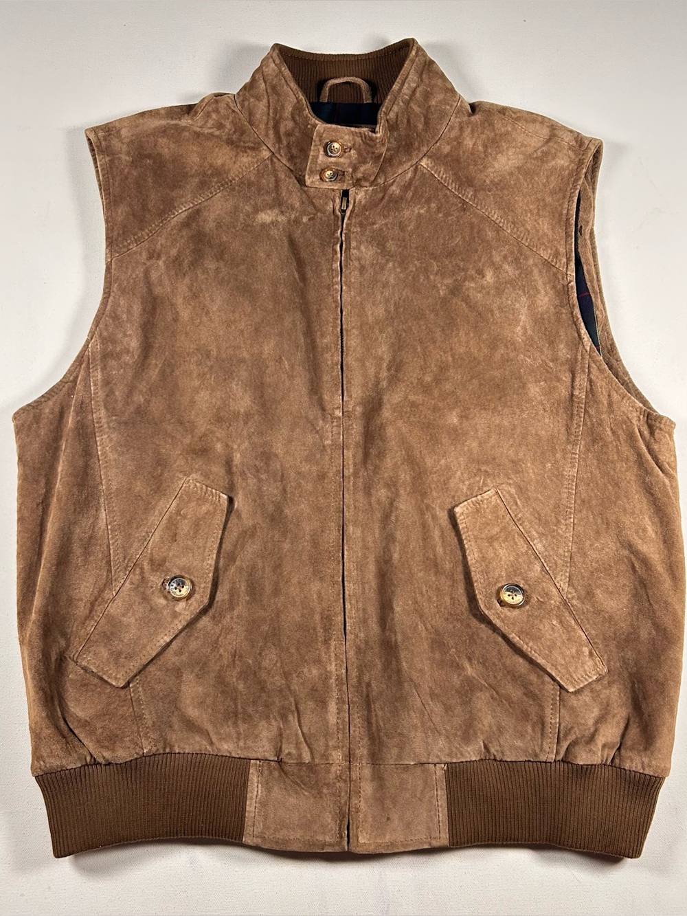 Orvis Vintage Suede Leather Vest Tan Fishing Field Hunting Tartan Plaid Lined L